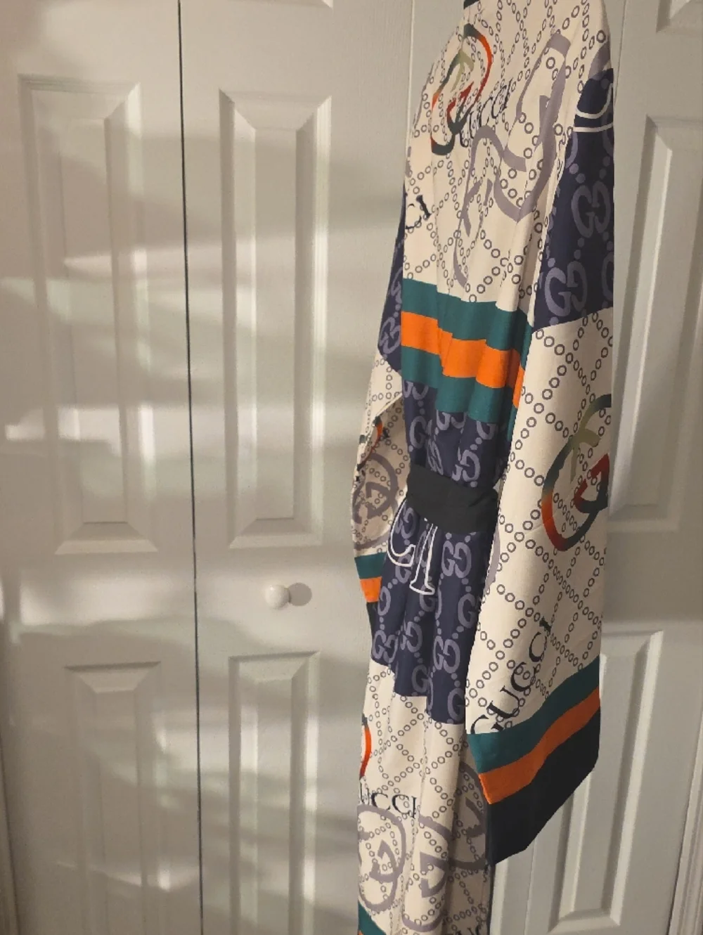 Gucci Cream, Navy & Green And Black Logo Robe/ Duster/coverup, Orange Accents - Picture 4 of 7